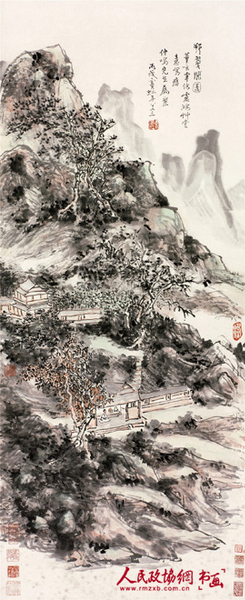 黃賓虹 挹翠閣圖 設(shè)色紙本 立軸105×46cm_副本