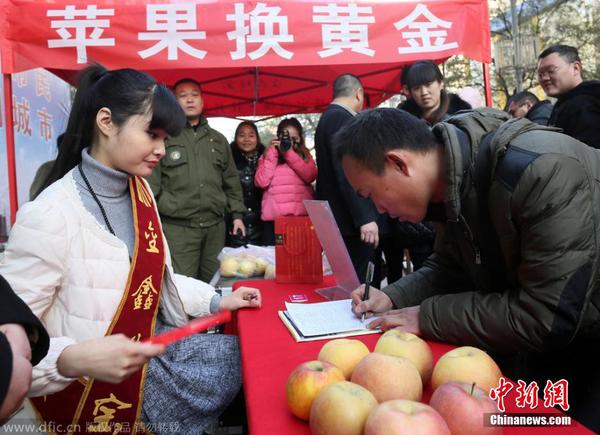 2014年12月23日，河南省鄭州市，在二七路一珠寶廣場，200多位市民排起了數(shù)十米長隊，拿著蘋果等待換黃金。據(jù)介紹，為了迎圣誕節(jié)，凡持一對蘋果到當(dāng)?shù)匾恢閷毜辏纯擅赓M(fèi)兌換迷你“招財金”小金條一個。圖為市民在排隊兌換。盧鍵 攝 圖片來源：東方IC 版權(quán)作品 請勿轉(zhuǎn)載