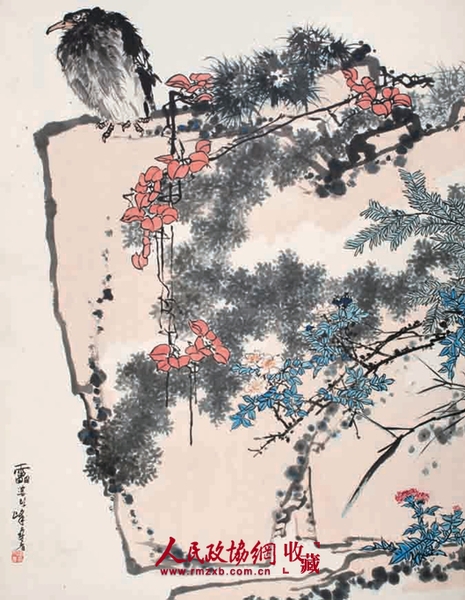 潘天壽 鷹石山花圖  182.3x141.8cm._副本