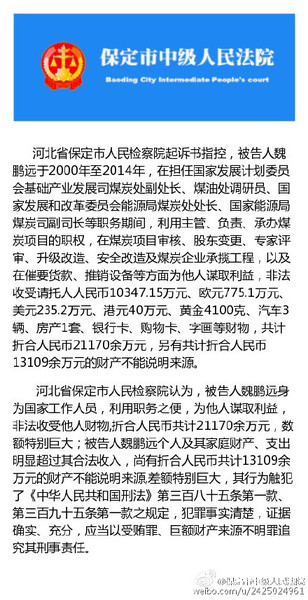 能源局原副司長魏鵬遠被控受賄2億1.3億財產來源不明