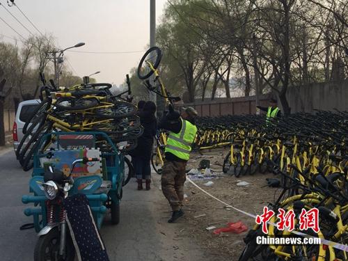 有故障的共享單車正源源不斷地送到維修點。<a target='_blank' href='http://www.chinanews.com/' >中新網</a> 吳濤 攝