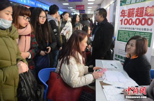 資料圖：2月15日，山西太原，春節后首場高校畢業生招聘會開場，圖為眾多求職者被一家公司的高薪待遇吸引。韋亮 攝