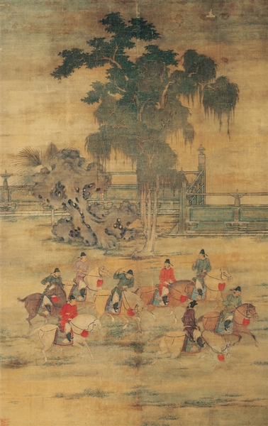 五代梁 趙喦 八達春游圖 絹本設色 161.9×102cm 臺北故宮博物院藏