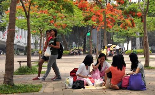 資料圖片：在香港維多利亞公園休息的菲傭。新華社記者 陳曉偉 攝