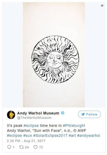 “匹茲堡的日食時間到了！安迪·沃霍爾，《Sun with Face》，n.d。”。圖片：Andy Warhol Museum的Instagram