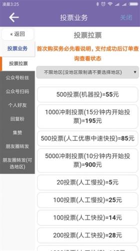 一款刷票APP的業務頁面，按投票數量、投票方式、投票快慢、投票時間等明碼標價。