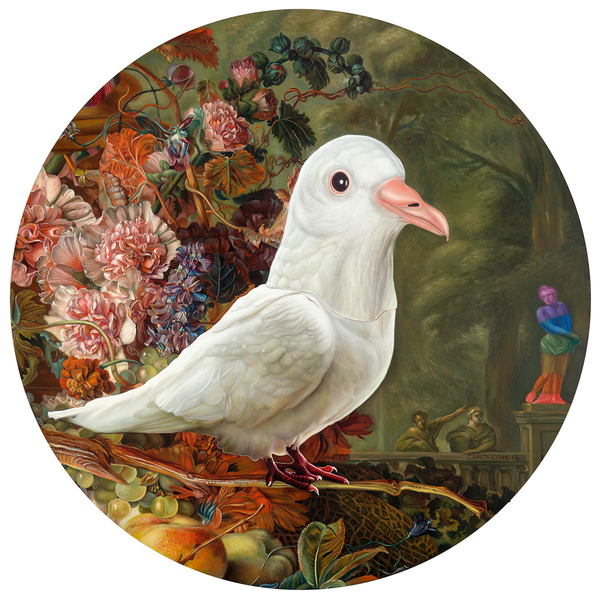 Carollyne Yardley，Holy Spirit Wears a Dove Mask，oil on panel ，91.5x91.5cm ，2016 卡羅琳·亞德利 《圣靈帶著鴿子的面具》 油畫  91.5x91.5cm