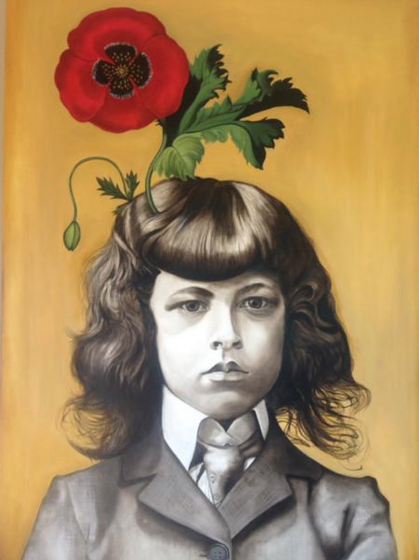 Marianna Gartner ，Boy with flowers for brains 3， Oil on canvas， 183x122cm ，2017瑪麗安娜·加特納 《男孩與花3》油畫 183x122cm 2017