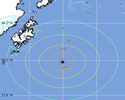 阿拉斯加地震可能波及的范圍示意圖。來源：美國地質勘探局網站截圖。