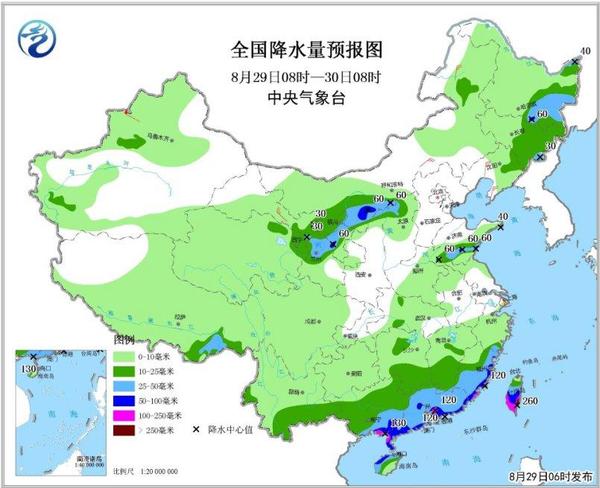 圖2全國降水量預報圖(8月29日08時-30日08時)