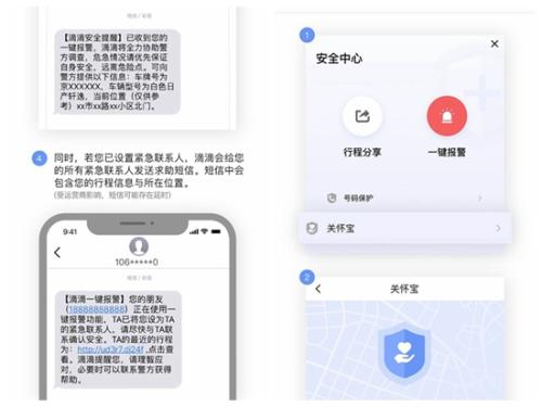 滴滴出行APP“一鍵報警”及相關短信展示。截圖