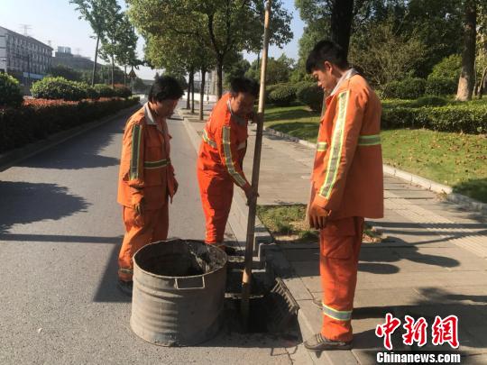 浙江省杭州市西湖區市政監管科工作人員潘旭陽(左二)在清理淤泥?！『莒?攝