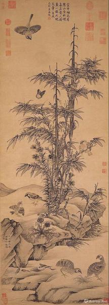 王淵，《竹雀圖》軸，元，紙本水墨，139.3×49.9厘米，日本大阪市立美術館藏