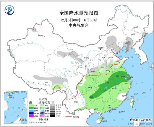 圖2 全國(guó)降水量預(yù)報(bào)圖(12月5日08時(shí)-6日08時(shí))