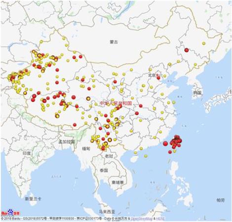 2018年全國(guó)3級(jí)及以上地震分布圖(四級(jí)以上紅色標(biāo)注)。圖片來(lái)源：中國(guó)地震臺(tái)網(wǎng)微信公眾號(hào)