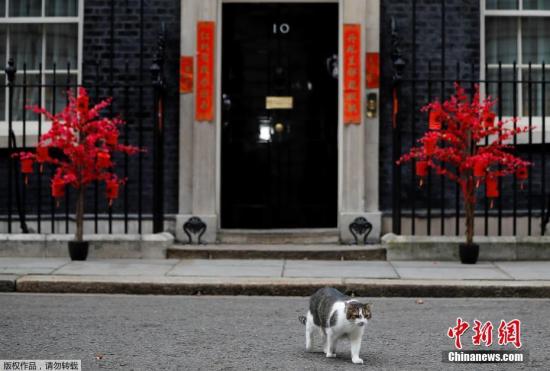 當地時間1月31日，英國倫敦唐寧街10號(英國首相官邸)貼春聯掛彩燈，慶祝即將到來的農歷新年。