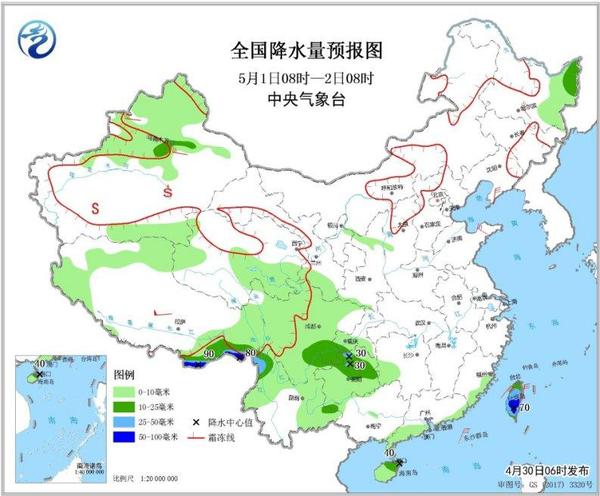 圖4 全國降水量預報圖(5月1日08時-2日08時)