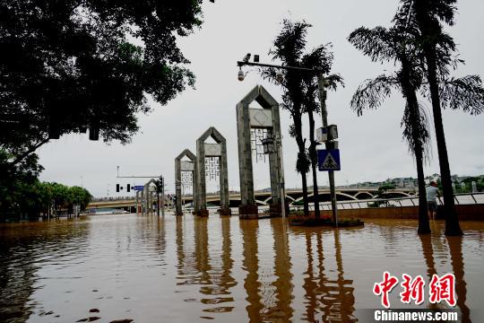 圖為上漲的漓江水漫過桂林解放橋濱江路?！√茐魬?攝