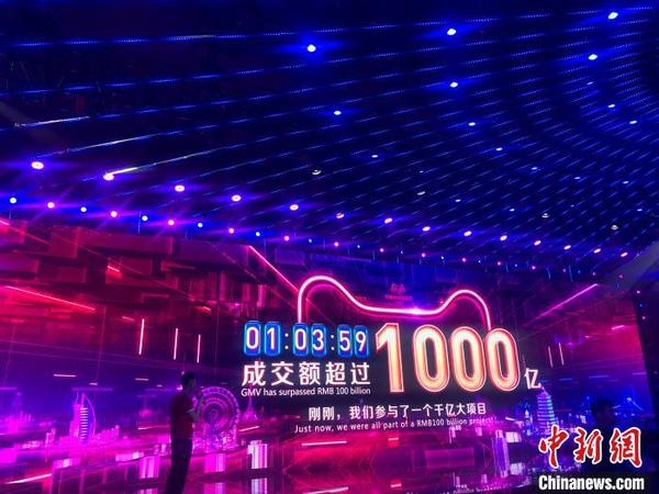 圖為2019年11月11日凌晨1點03分59秒，2019天貓雙11交易額突破1000億元人民幣。　趙小燕　攝