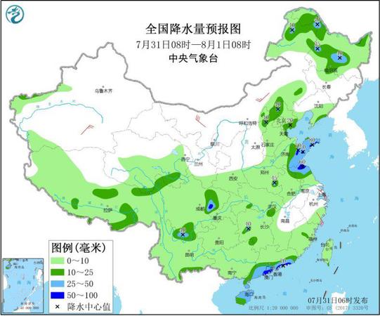 圖1 全國降水量預(yù)報圖（7月31日08時-8月1日08時）