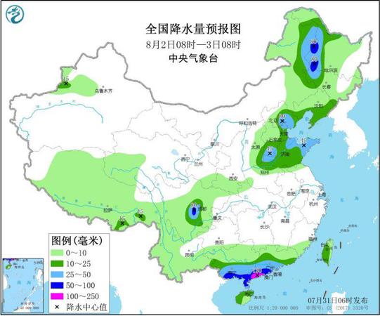 圖3 全國降水量預(yù)報圖（8月2日08時-3日08時）