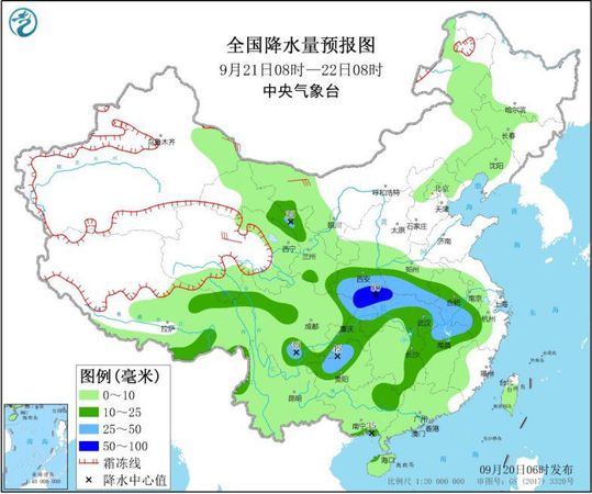 圖2 全國降水量預報圖(9月21日08時-22日08時)