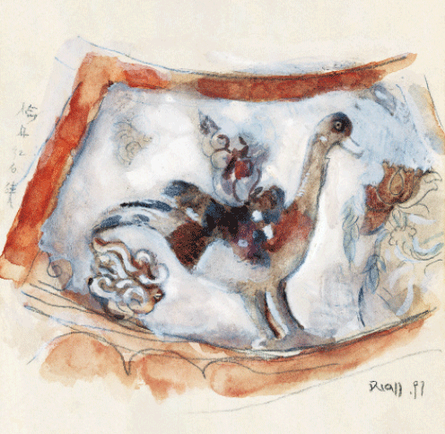 紅石峽石窟藻井中的彩繪浮雕（紙本水彩、鉛筆）12.5×16cm-1997年-段正渠