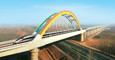 復興號駛過“彩虹橋”——京雄城際鐵路霸雄特大橋。